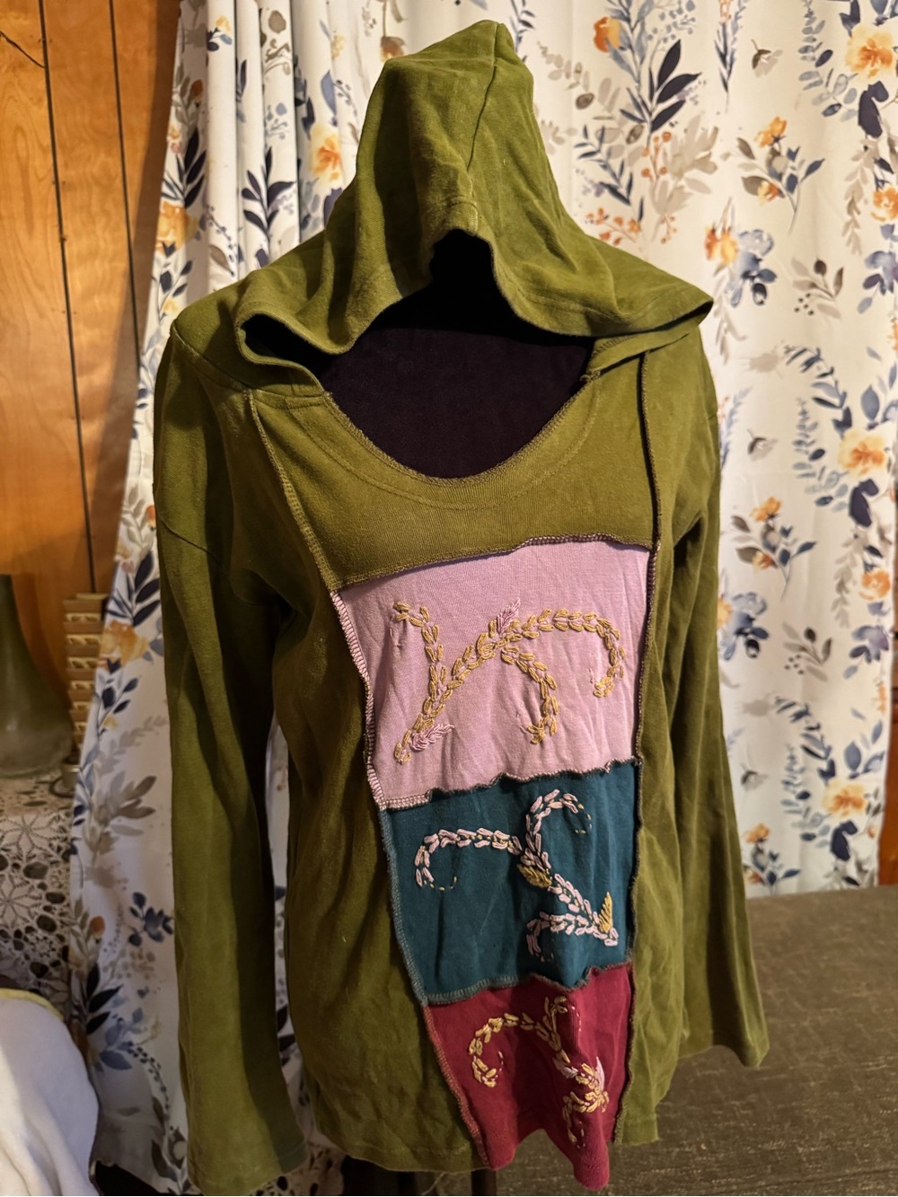 Olive Green Hooded Patchwork Long-Sleeve Top